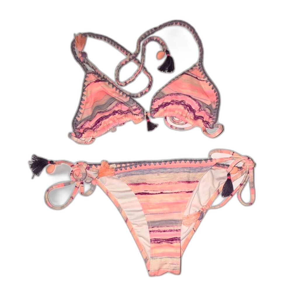 Victoria’s Secret Teeny Bikini Set XS Coral Striped Tassel Beaded Tie Side